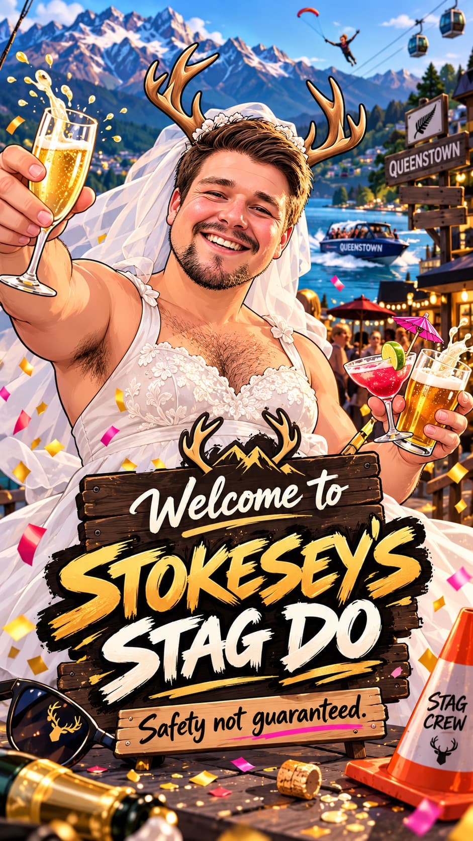 Sam in a wedding dress and antlers, drink in each hand, under a sign reading Welcome to Stokesey’s Stag Do — Safety not guaranteed.